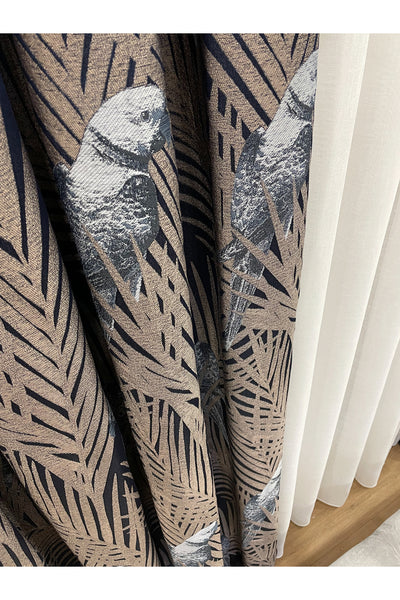 Brown-Navy Blue Bird Patterned 1/3 Dense Pleated Blackout Curtain