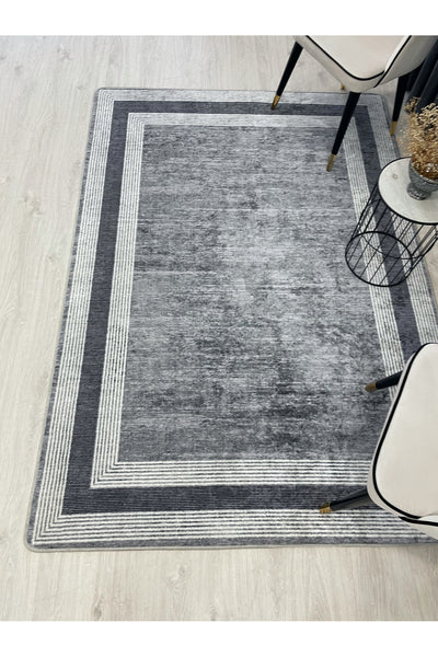 Light Gray Bordered Pattern Latex Leather-Backed Rug