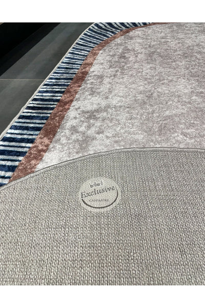 BEIGE-NAVY Striped Oval Non-Slip Base Rug