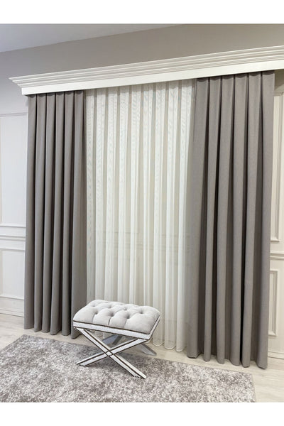 Heathered Milky Brown Linen-Look 1/3 Dense Pleated Blackout Curtain