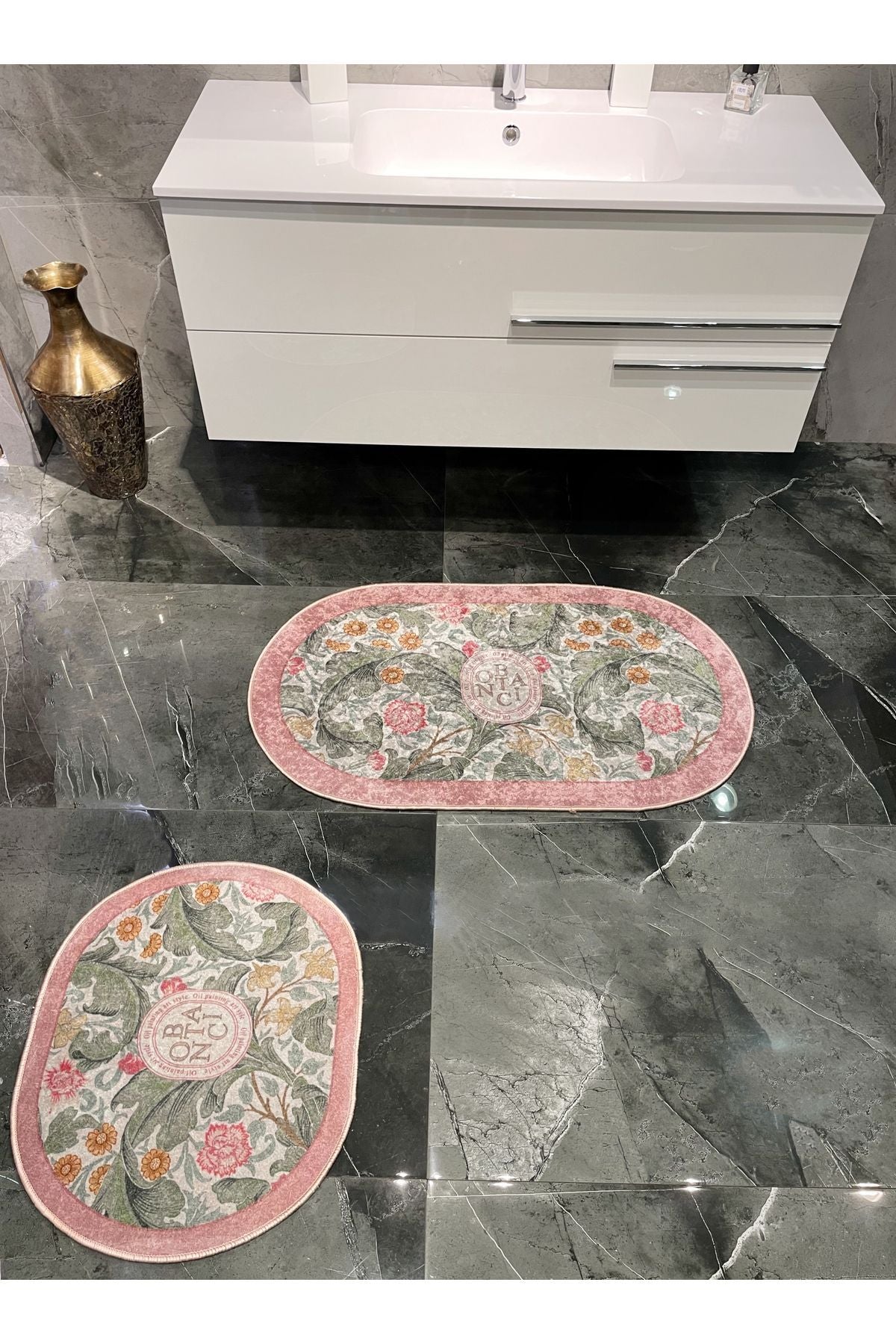 2 li Çiçek Desenli 60x100 - 60x50 Botanic Lateks Taban Banyo Paspas