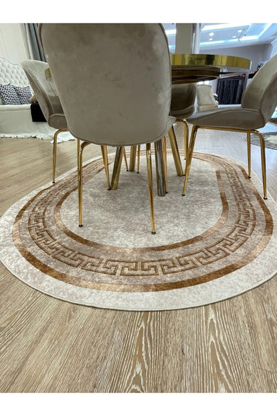 Classic Bordered Striped Oval Latex Leather Base Fringeless Living Room Rug - Gray