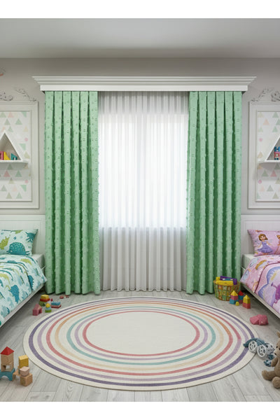 Blue Children's Room Pompom Puffy Blackout Curtain 1/3 Dense Pleating