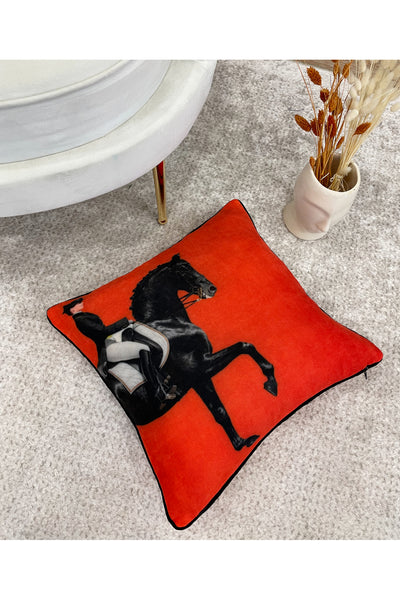 Horse Patterned Piped Throw Pillow Cover 45x45 - ORANGE