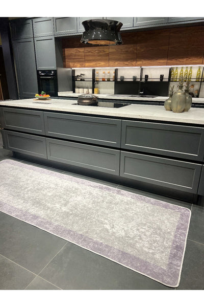 Geometric Striped Latex Leather Backing Fringeless Kitchen Rug - Gray-Black