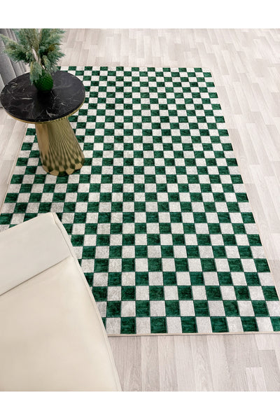 Beige Green Checkered Non-Slip Base Rug