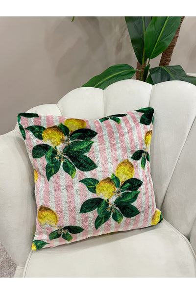 Set of 2 Lemon Pattern Velvet Cushion Pillow Cover (Pink)