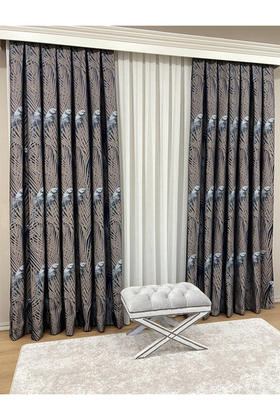 Brown-Navy Blue Bird Patterned 1/3 Dense Pleated Blackout Curtain