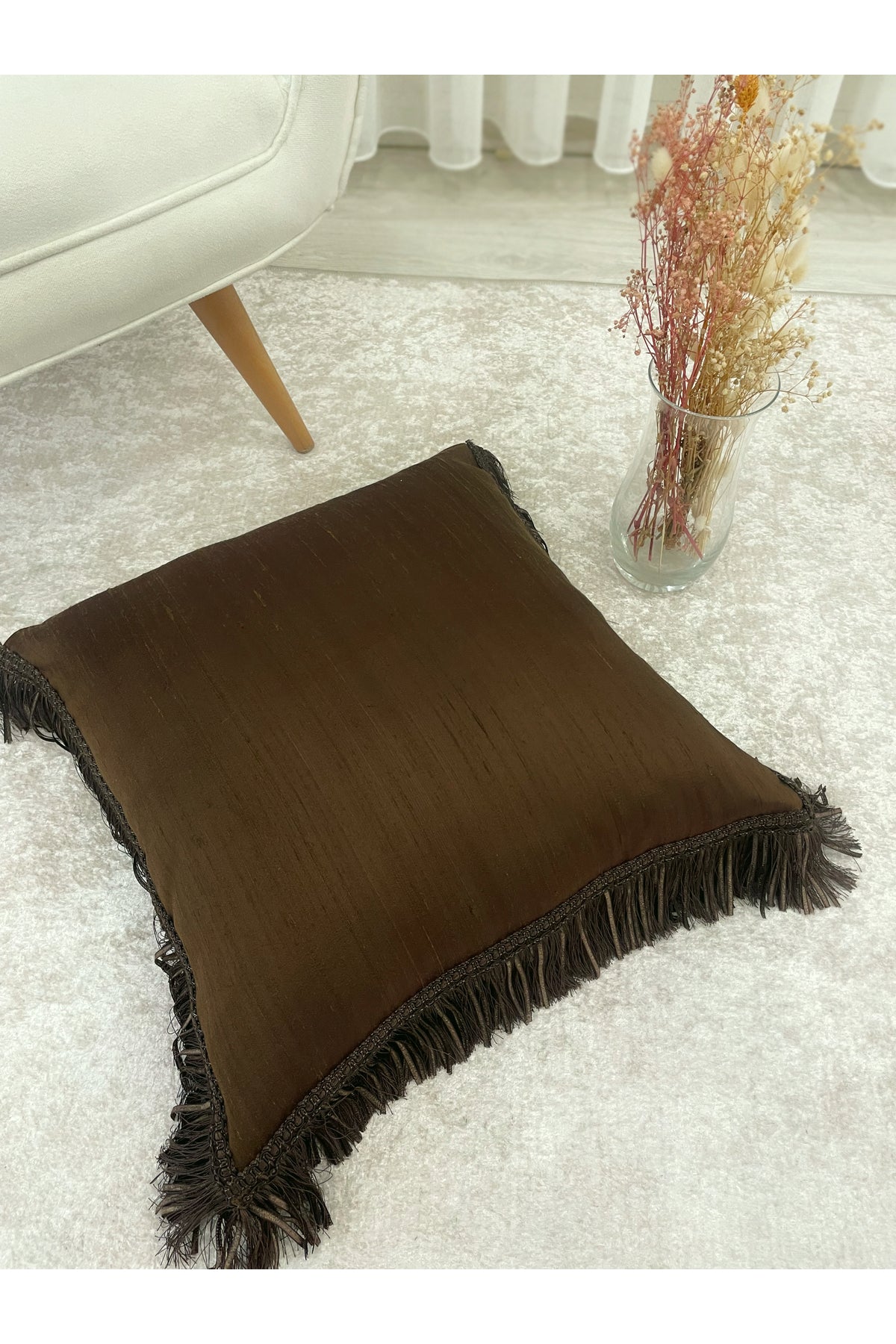 DARK BROWN Color Tasseled - Silk Taffeta Throw Pillow Cover (45x45)