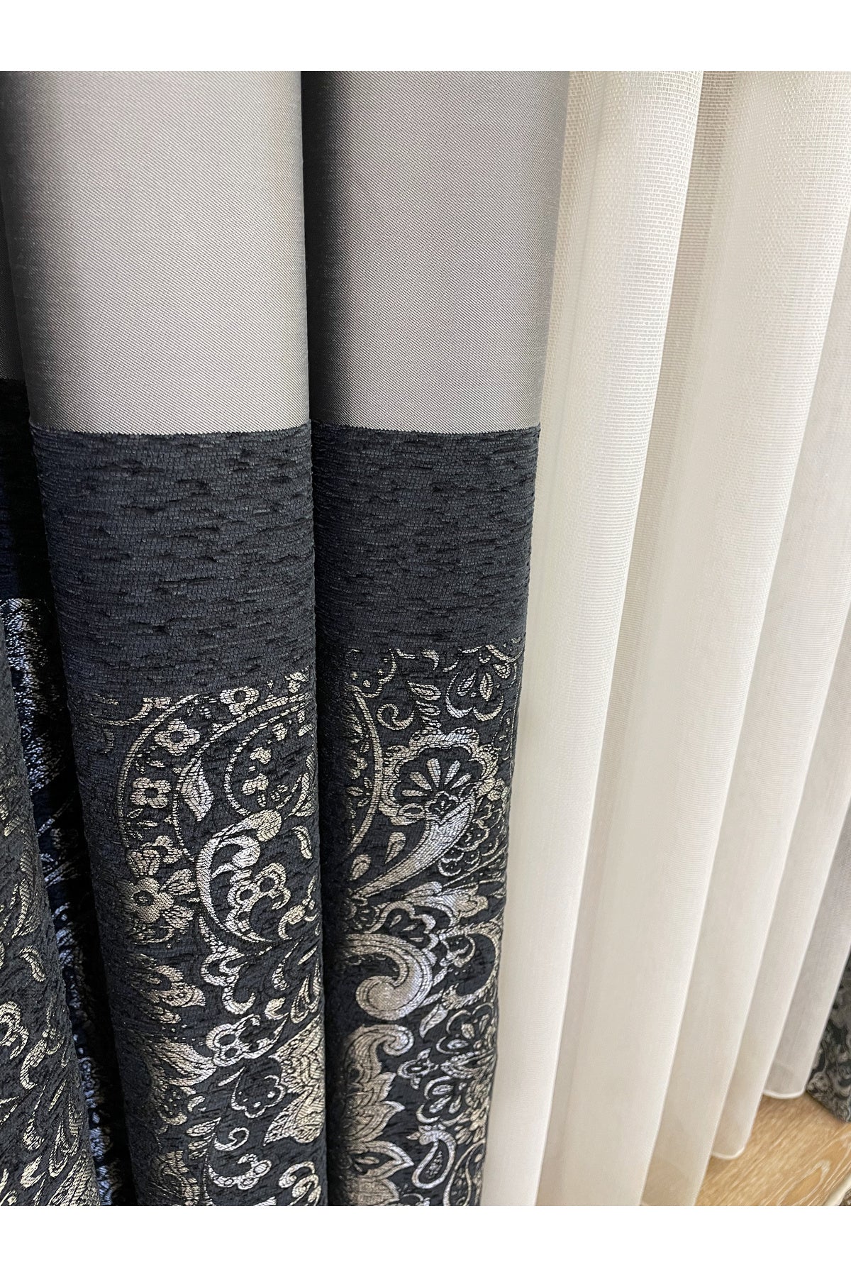 Gray Shawl Pattern 1/3 TIGHT PLEAT Jacquard Woven Blackout Curtain