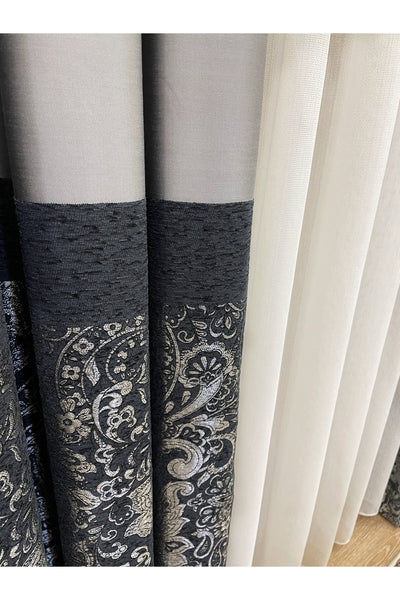 Gray Shawl Pattern 1/3 TIGHT PLEAT Jacquard Woven Blackout Curtain