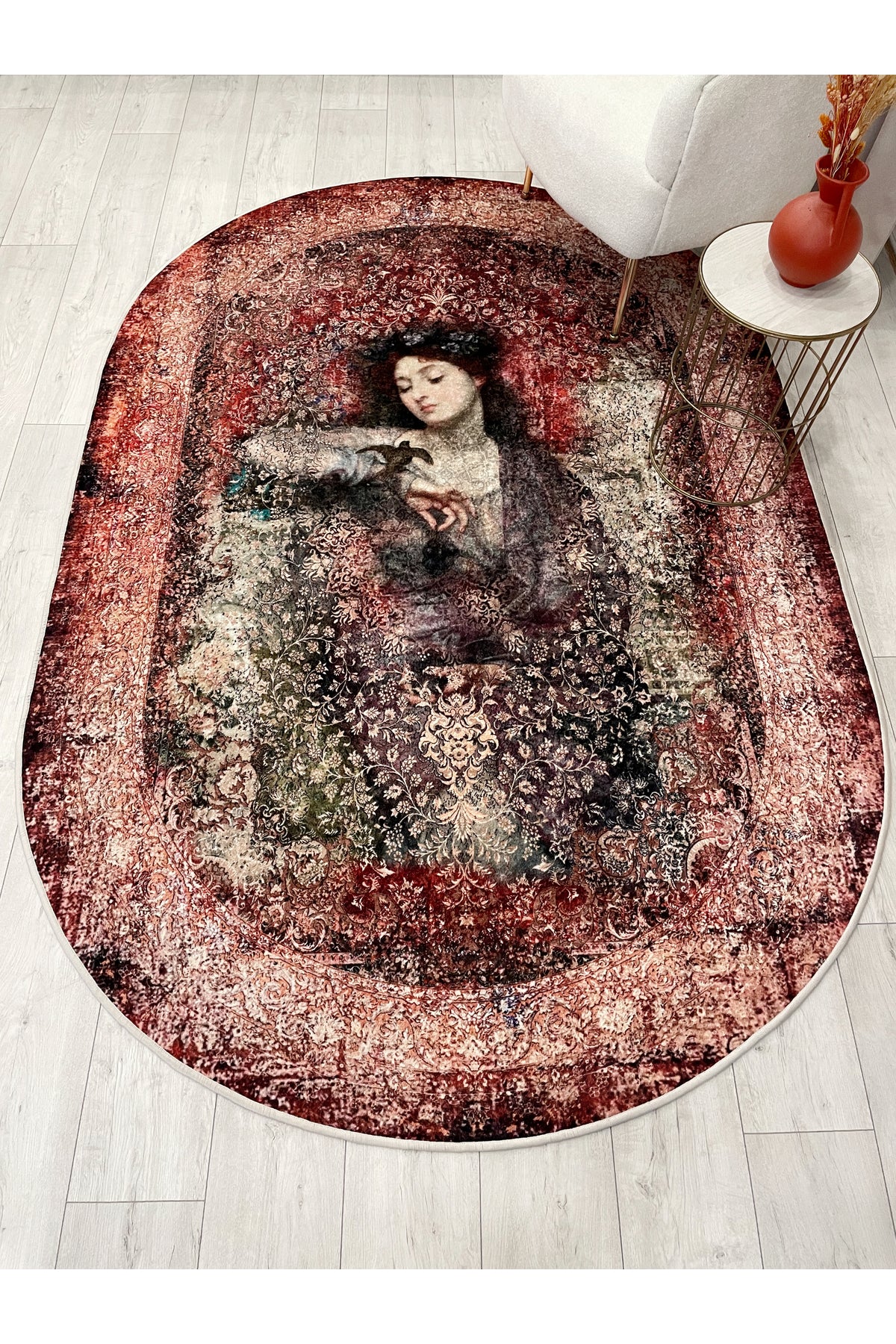 Brown-Red Distressed Vintage Ethnic Patterned Oval Latex Base Rug