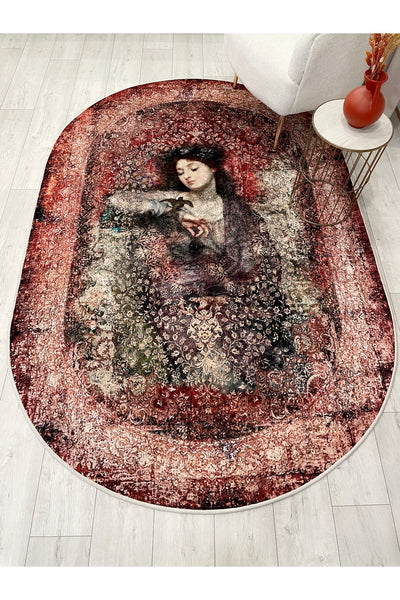 Brown-Red Distressed Vintage Ethnic Patterned Oval Latex Base Rug