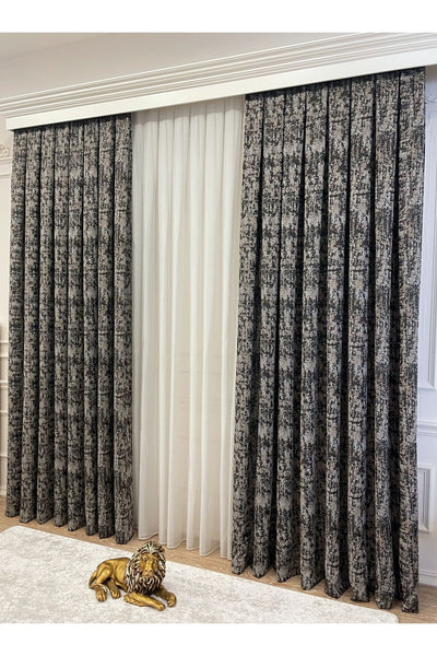 Orange - Brown Abstract Pattern 1/3 Tight Pleat Jacquard Woven Blackout Curtain