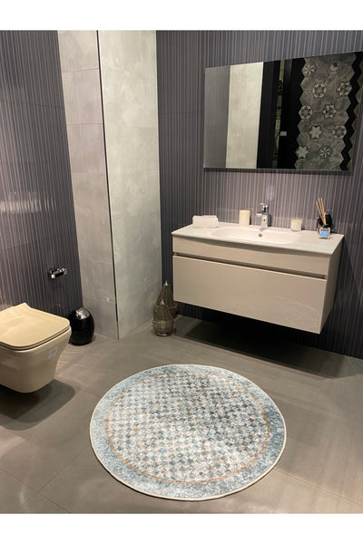 Robert Blue Diamond Pattern Fringeless Round Bathroom Mat - Blue Size 100x100
