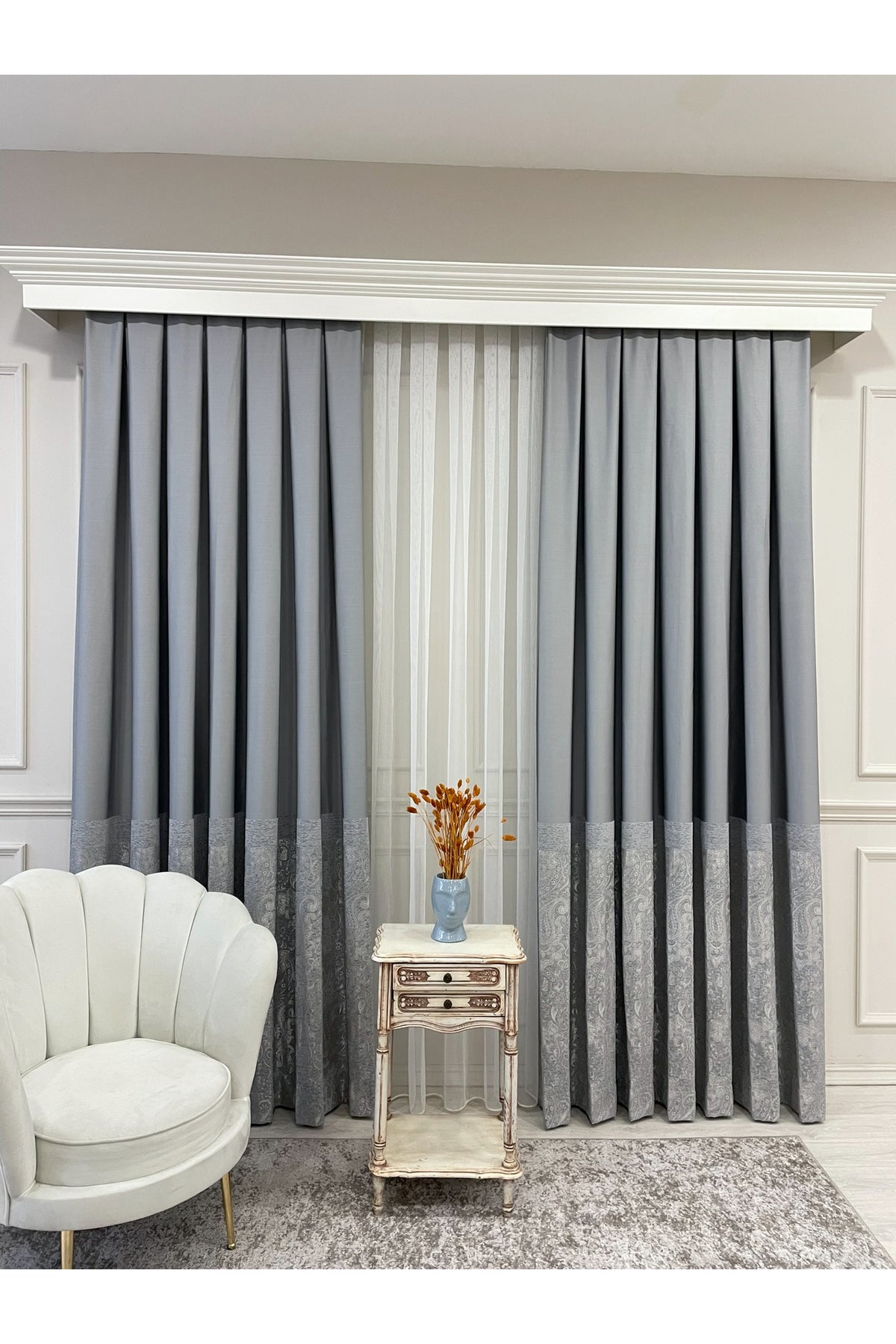 Gray Shawl Pattern 1/3 TIGHT PLEAT Jacquard Woven Blackout Curtain