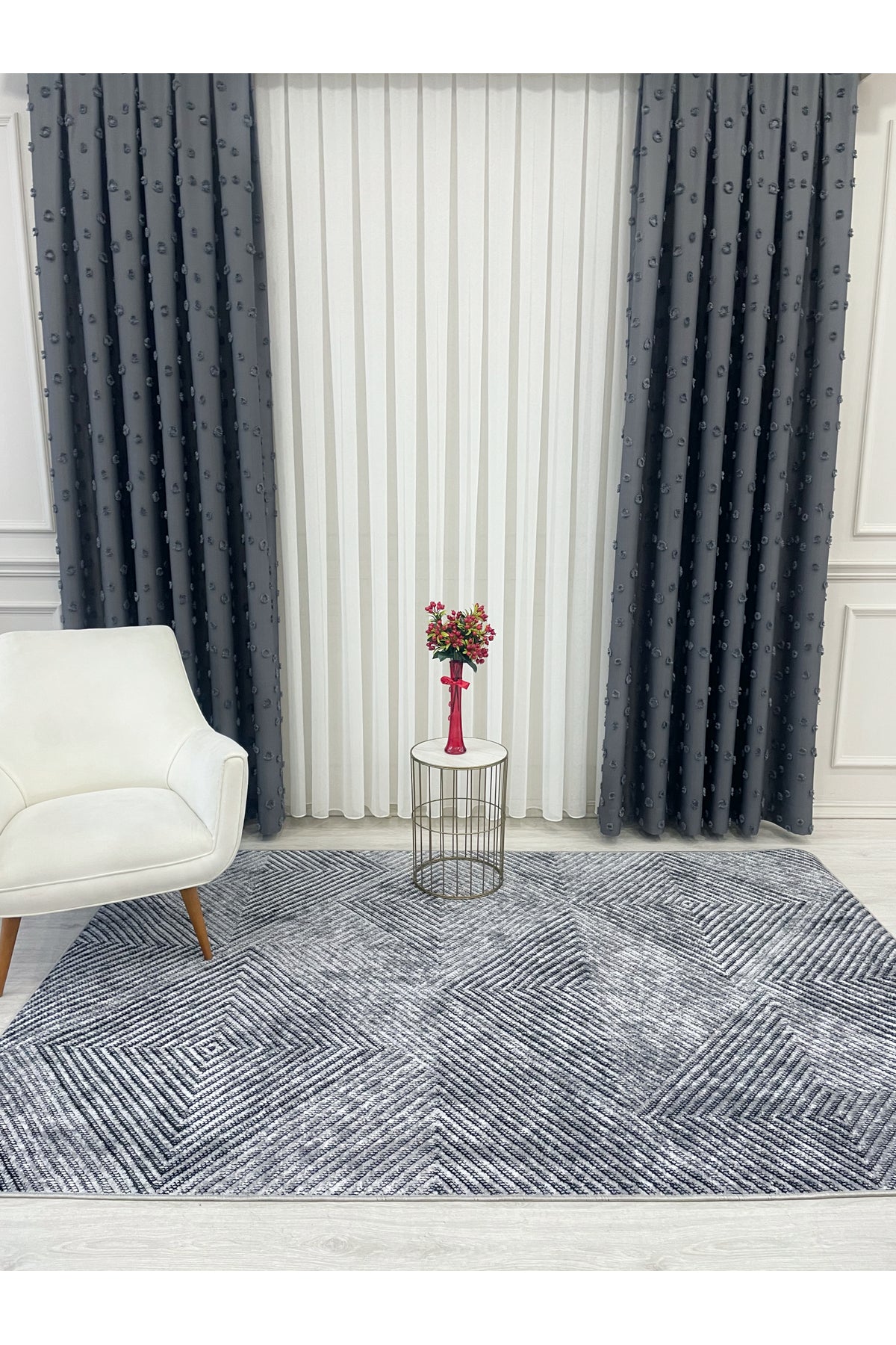 GRAY Geometric Pattern Runner Non-Slip Base Rug