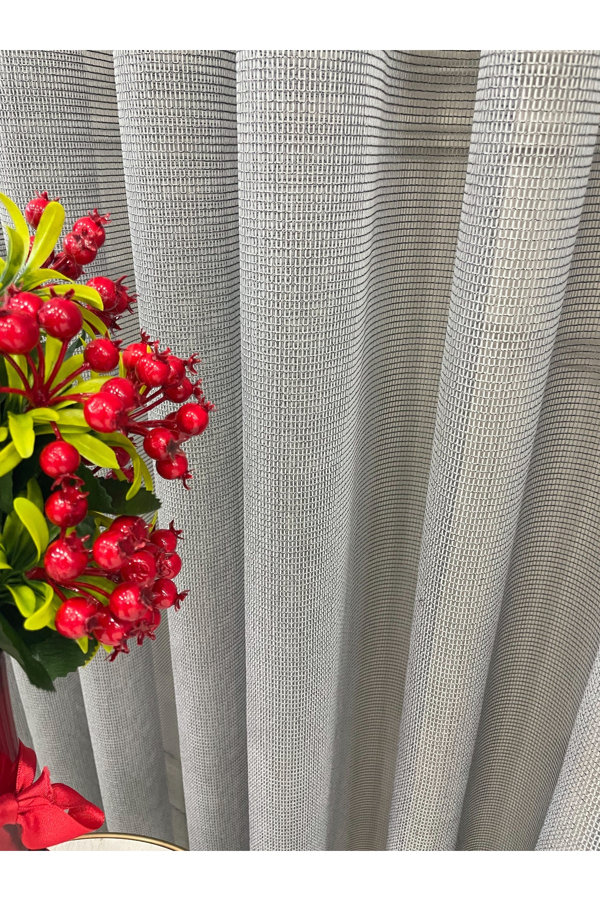 BEIGE-GRAY Modern Textured Knit 1/3 Dense Pleat Sheer Curtain