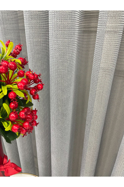 BEIGE-GRAY Modern Textured Knit 1/3 Dense Pleat Sheer Curtain