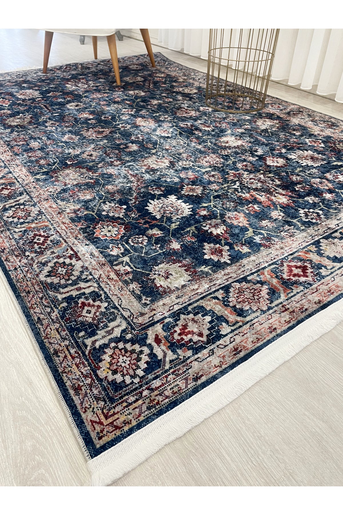 Navy Blue Distressed Look Latex Non-Slip Base Rug