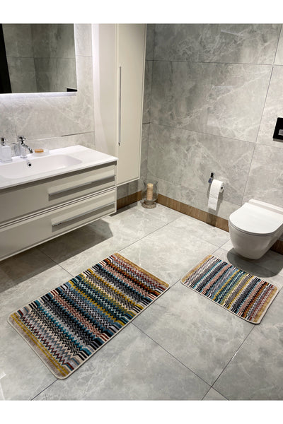 Zigzag Patterned 2-Piece Leather Base Bathroom Mat Set (60x100 - 60x50)