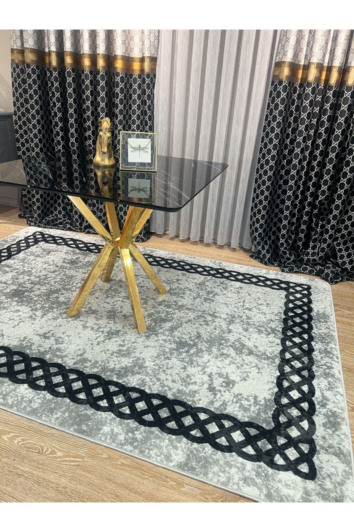 Chain Patterned Gray - Black Decorative Rug