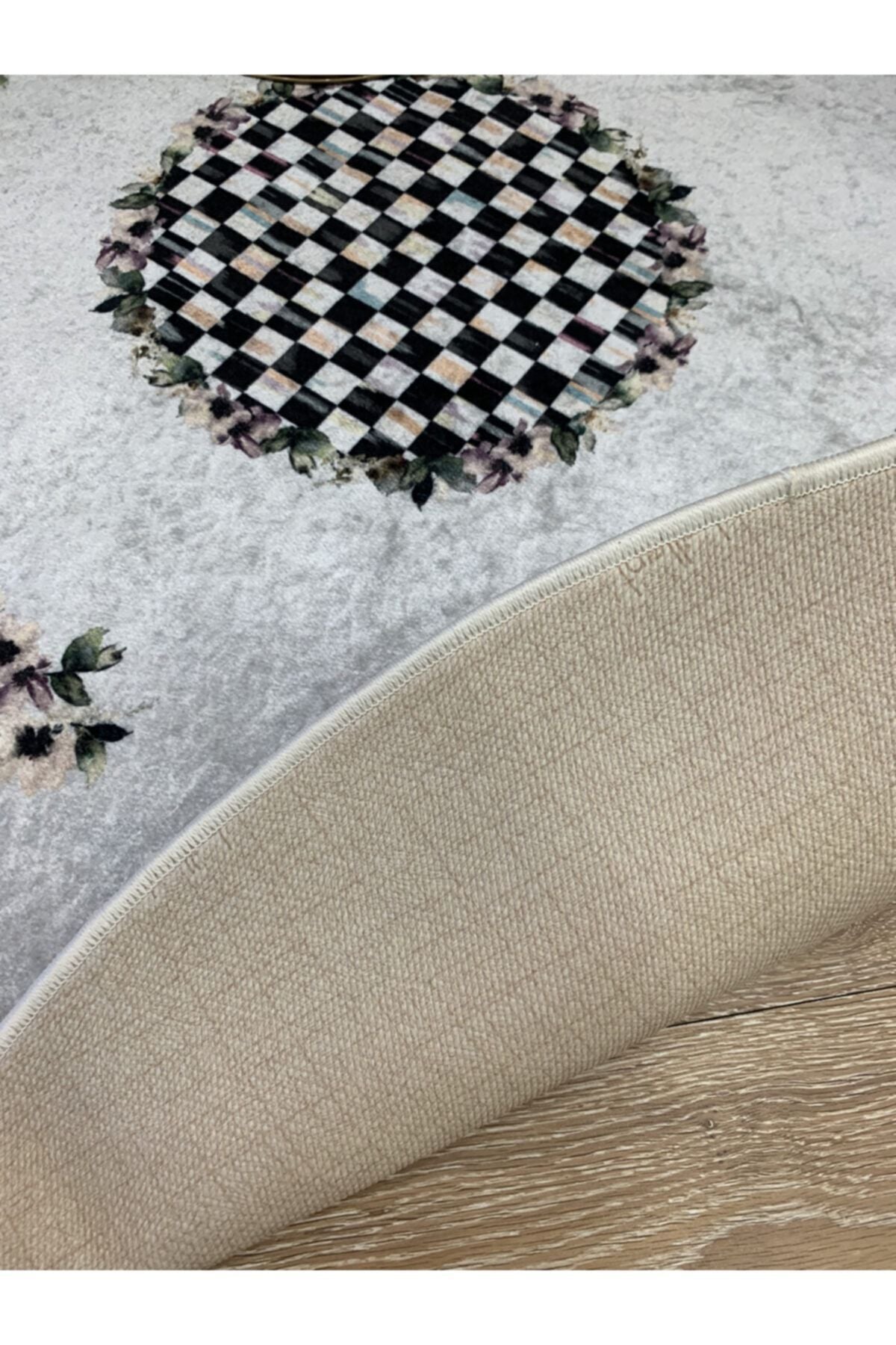 Gray Black Checkered Fringeless Round Latex Rug 150x150