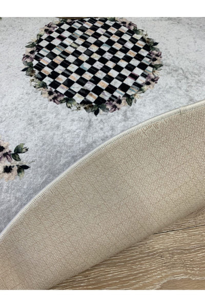 Gray Black Checkered Fringeless Round Latex Rug 150x150