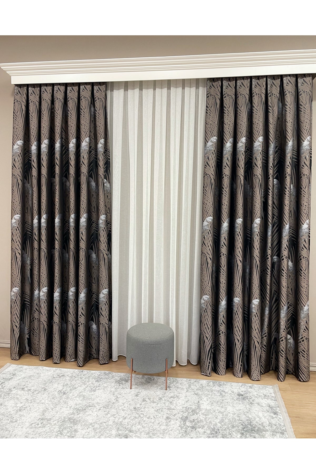 Brown-Navy Blue Bird Patterned 1/3 Dense Pleated Blackout Curtain