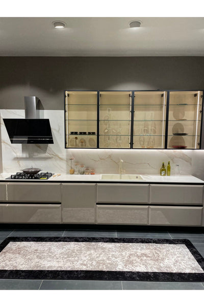 Geometric Striped Latex Leather Backing Fringeless Kitchen Rug - Gray-Black