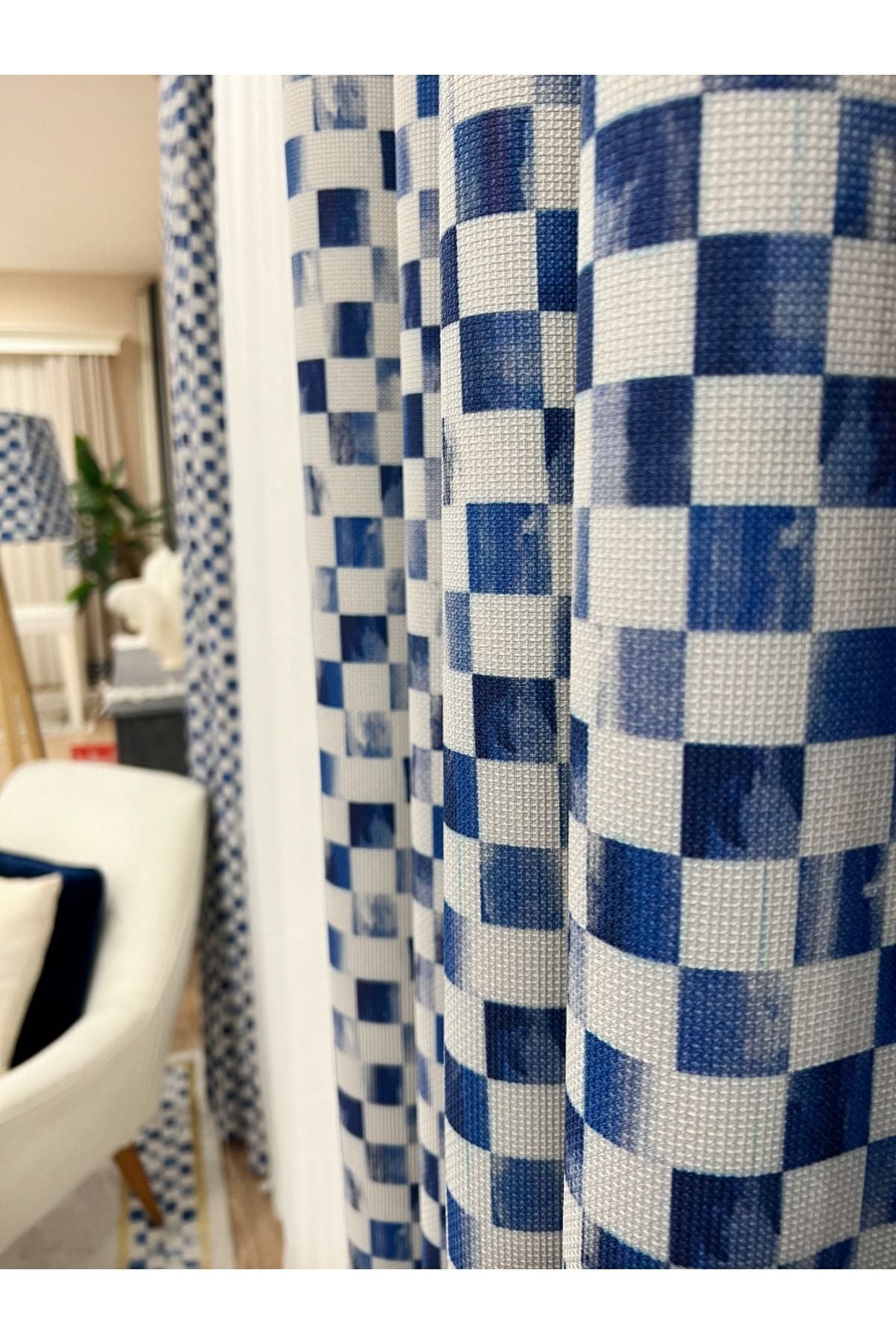 1/3 Dense Pleated Checkered Curtain Panel - Blue