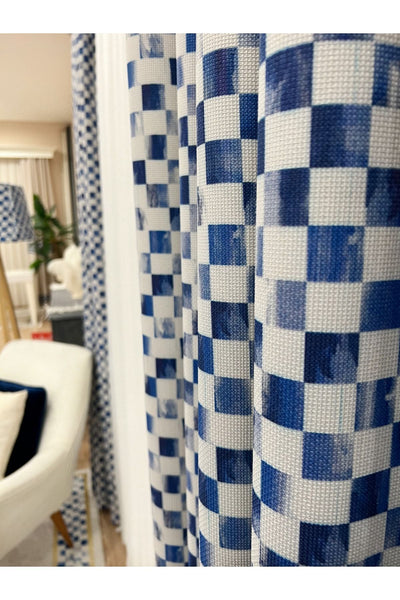 1/3 Dense Pleated Checkered Curtain Panel - Blue