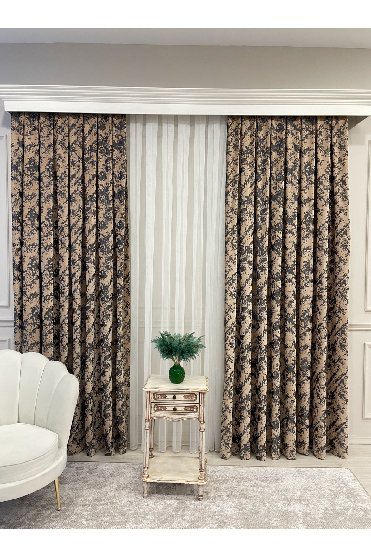 Brown-Navy Blue Chenille Pattern Jacquard 1/3 Dense Pleated Jacquard Blackout Curtain