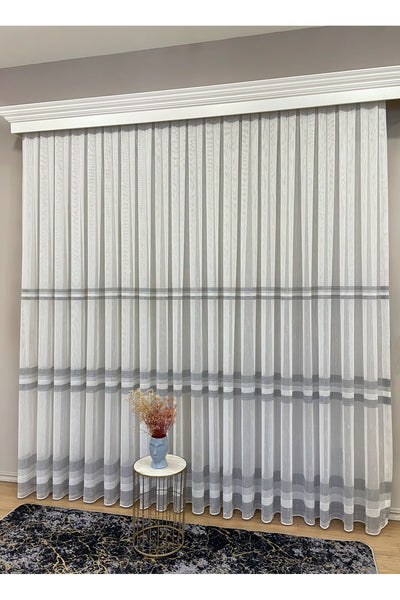 Modern Shantung 3-Row Banded 1/2.5 Pleat - Ecru/Gray Sheer Curtain