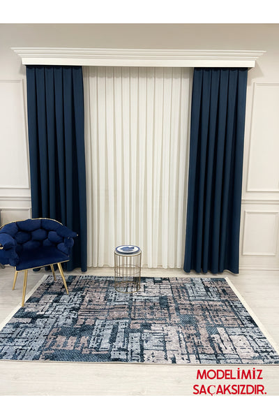 Beige-Blue Abstract Textured Look Latex Leather Base Rug