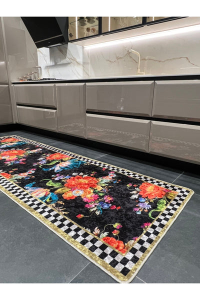 Checkered Floral Latex Non-Slip Base Kitchen Rug - Mink Brown