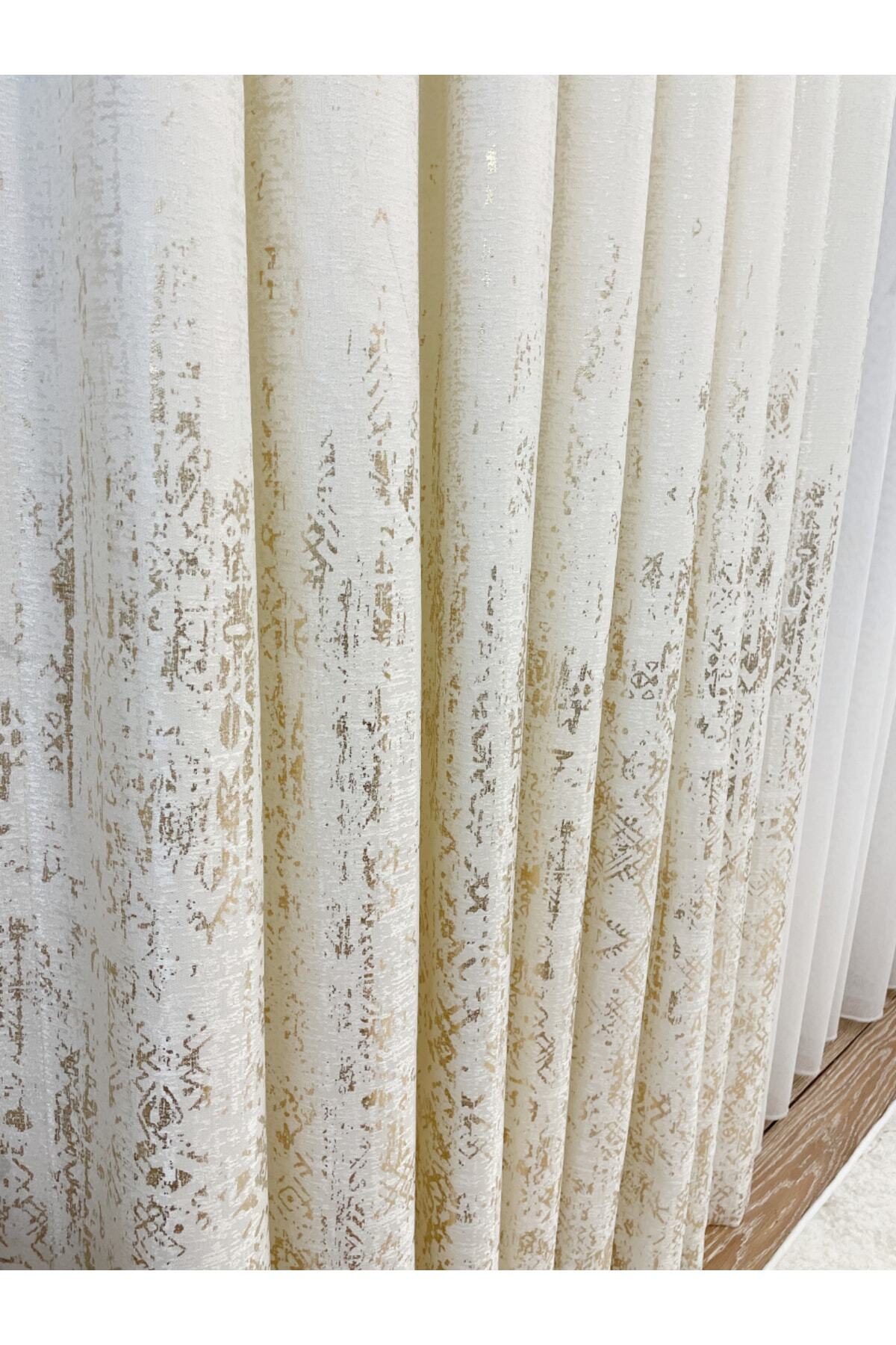 Jacquard Ground Foil Print 1/3 Dense Pleat Blackout Curtain - Beige - Gold Foil