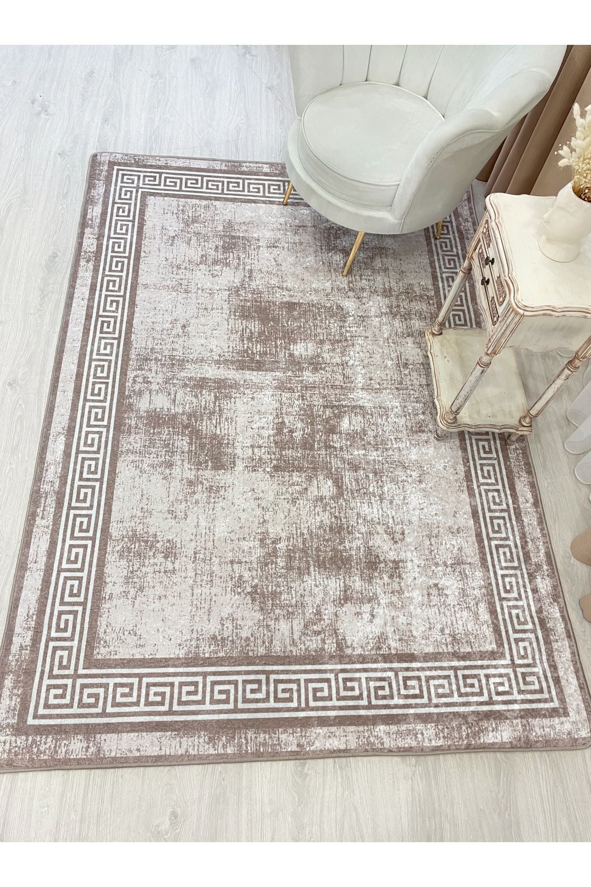 Beige-Mink Bordered Pattern Latex Leather Base Rug