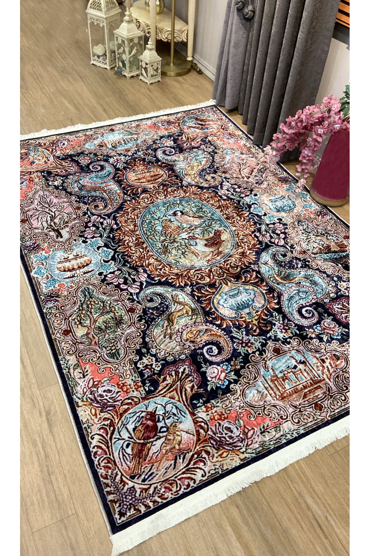 Bird Motif Classic Pattern Fringed Latex Base Rug