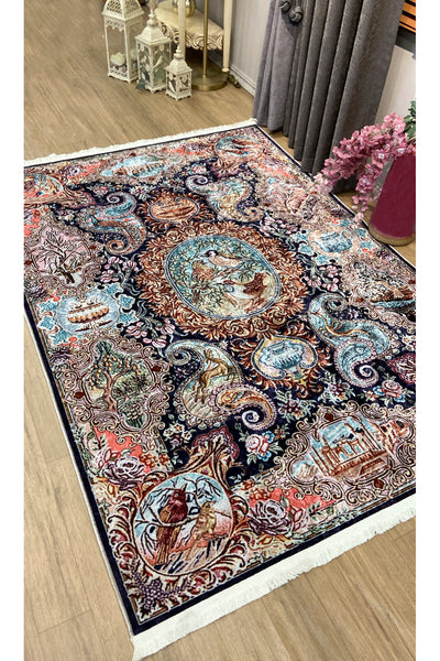 Bird Motif Classic Pattern Fringed Latex Base Rug