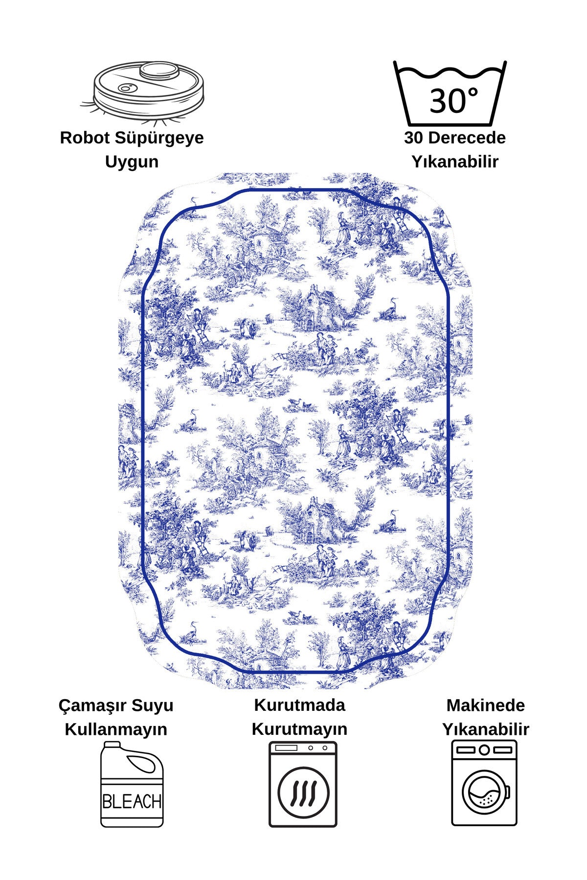 Toile de Jouy Themed Single Latex Base Bathroom Mat (80X120)