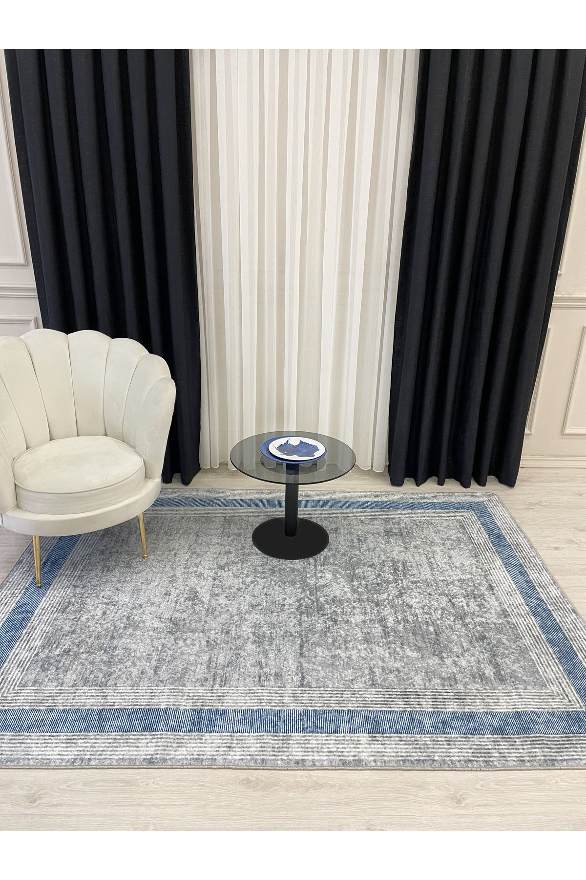 Light Gray Bordered Pattern Latex Leather-Backed Rug