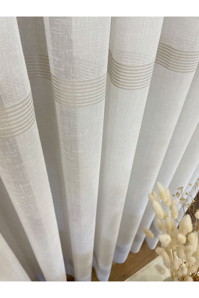 Linen-Look Banded 1/3 Dense Pleated - Ecru/Grey Sheer Curtain