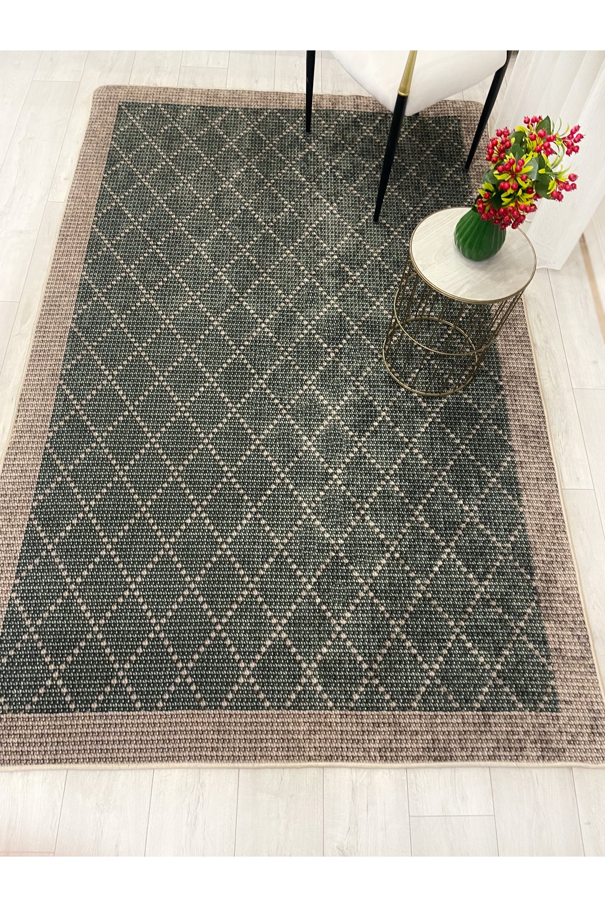 GREEN-BROWN Jute Sisal Look Bordered Non-Slip Base Runner Rug