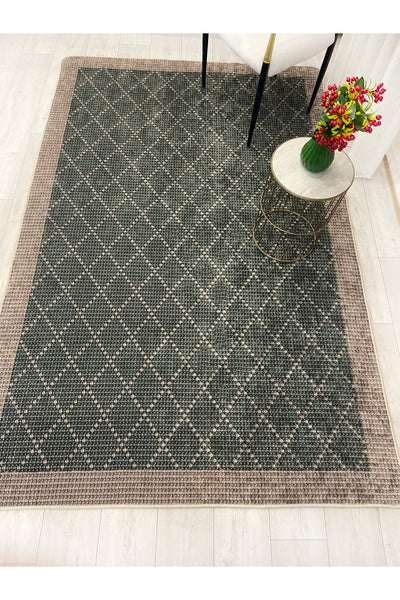 GREEN-BROWN Jute Sisal Look Bordered Non-Slip Base Runner Rug