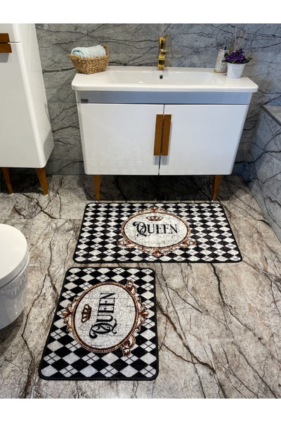 2'li Quenn Sloganlı Banyo Paspası Gri (ebat 60x100 - 60x50 )