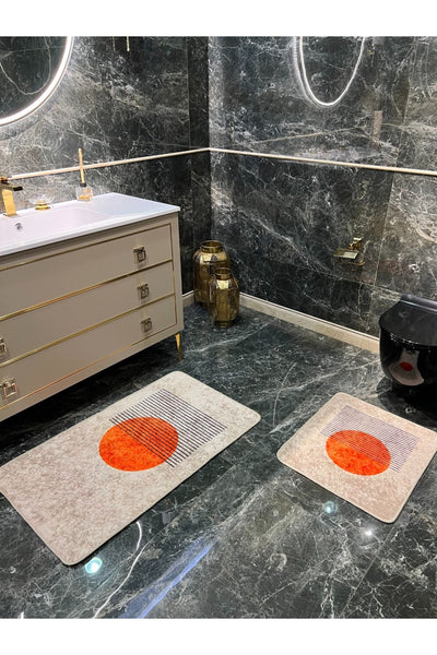 2' Li Tablo Desenli Yıkanabilir Banyo Paspas Takımı (60x100 - 60x50) - Turuncu-bej