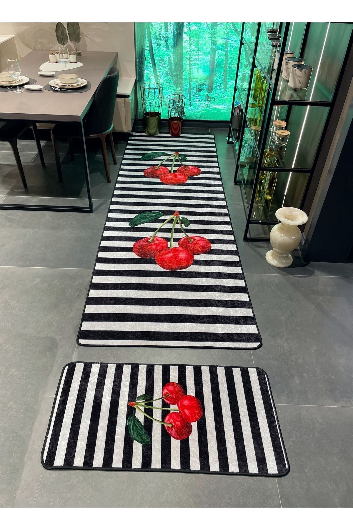 Cherry Striped Latex Leather-Backed Kitchen Rug - GRAY-BLACK