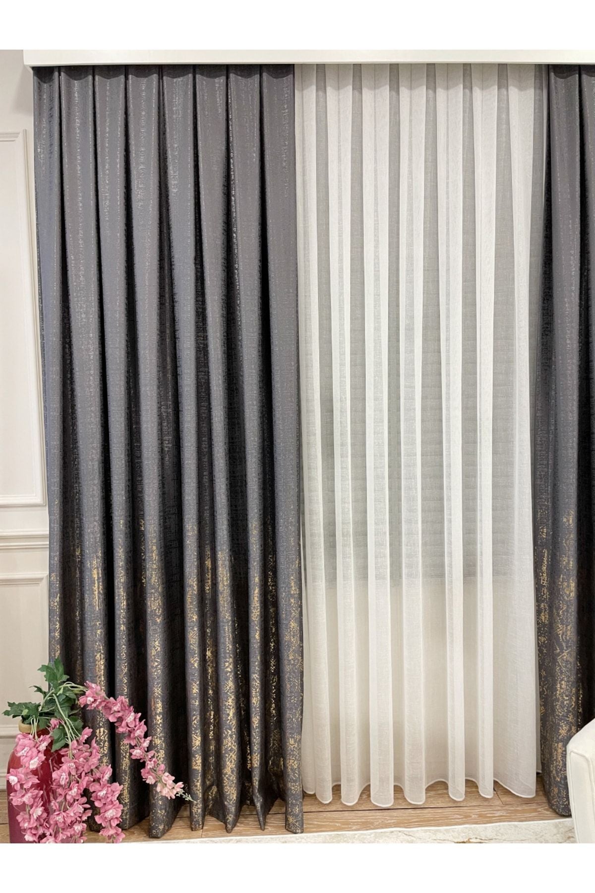 Jacquard Ground Foil Print 1/3 Dense Pleat Blackout Curtain - Beige - Gold Foil