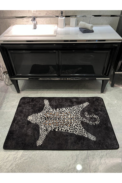 Leopard Pattern Washable 80x120 Single Bath Mat - Black